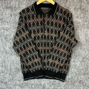 Vintage Brandini Sweater Mens M Brown Black Diamond Geometric Henley Wool Italy